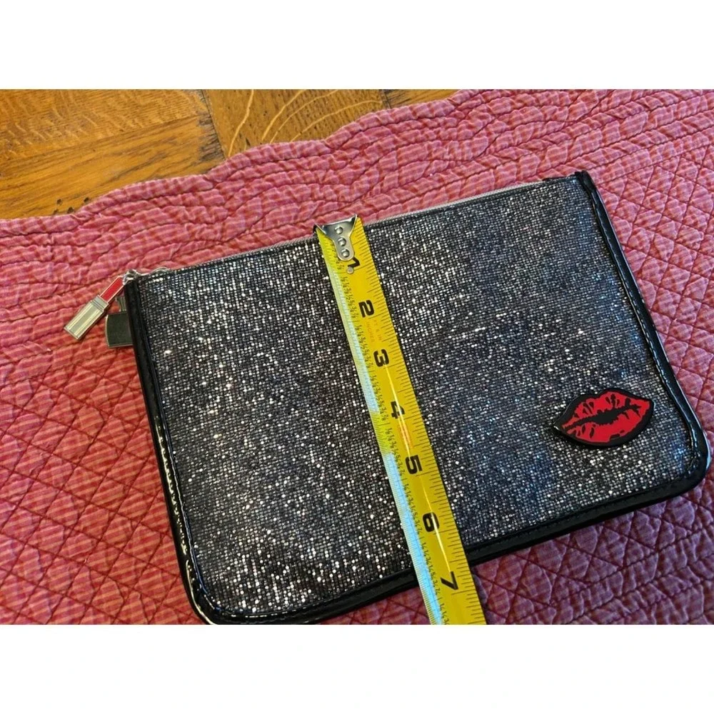 Silver Black Glitter Makeup Cosmetic Evening Bag Lips Charm Lipstick Zipper Pull